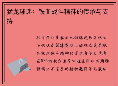 猛龙球迷：铁血战斗精神的传承与支持