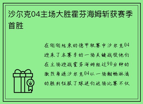 沙尔克04主场大胜霍芬海姆斩获赛季首胜